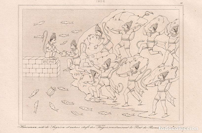 Arte: GRABADO AL ACERO DE 1845, HANUMAN CONSTRUYENDO EL PUENTE DE RAMA A CEIL&Aacute;N, LA INDIA, DE LEMA&Icirc;TRE