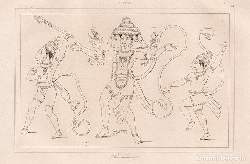 Arte: GRABADO AL ACERO DE 1845, REPRESENTACIONES DEL H&Eacute;ROE SIMIESCO HANUMAN, LA INDIA, DE LEMA&Icirc;TRE