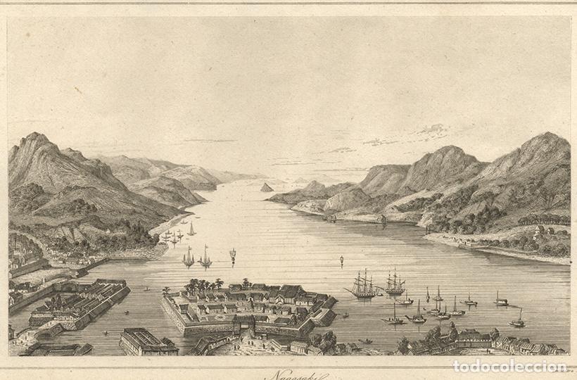 Arte: GRABADO AL ACERO DE 1850, VISTA DEL PUERTO DE NAGASAKI, PERIODO EDO, ANTIGUO JAP&Oacute;N, DE LEMA&Icirc;TRE