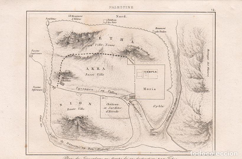 Arte: GRABADO AL ACERO 1845, PLANO DE JERUSAL&Eacute;N EN TIEMPOS DE LA DESTRUCCI&Oacute;N DE TITO, PALESTINA, LEMA&Icirc;TRE
