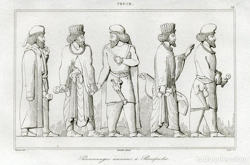Arte: GRABADO AL ACERO DE 1841, PERSONAJES DE LOS RELIEVES DE PERS&Eacute;POLIS, ANTIGUA PERSIA, IR&Aacute;N, LEMA&Icirc;TRE