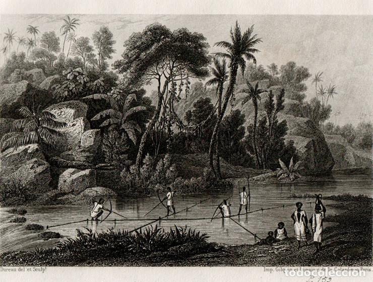 Arte: GRABADO AL ACERO DE 1858, ESCENA DE INDIOS YURACAR&Eacute; PESCANDO, BOLIVIA, AMAZONAS. GRAV&Oacute; DUREAU