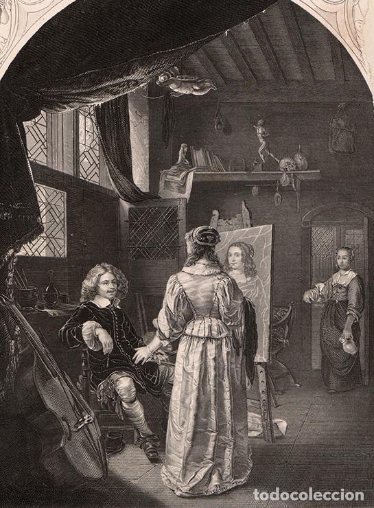 Arte: GRABADO AL ACERO DE 1849, EL ESTUDIO DEL PINTOR, DE FRANS VAN MIERIS. GRAB&Oacute; A. H. PAYNE, BOOK OF ART
