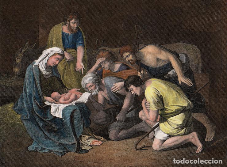Arte: GRABADO AL ACERO DE 1849, COLOREADO: ADORACI&Oacute;N DE LOS PASTORES, NICOLAS POUSSIN. GRAB&Oacute; A. H. PAYNE