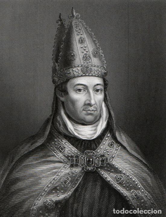 Arte: GRABADO AL ACERO DE 1873, RETRATO DE WILLIAM DE WYKEHAM, OBISPO DE WINCHESTER, CANCILLER INGLATERRA