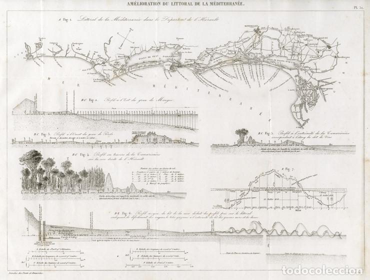 Arte: GRABADO INGENIER&Iacute;A CIVIL DE 1863, MEJORA DE LA COSTA MEDITERR&Aacute;NEA FRANCESA (NAPOLE&Oacute;N III), ESTUDIO