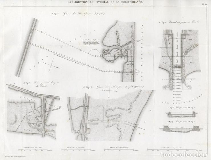Arte: GRABADO DE INGENIER&Iacute;A CIVIL DE 1863, MEJORAS COSTA MEDITERR&Aacute;NEA, GRAOS FRONTIGNAN, P&Eacute;ROLS Y MAUGUIO