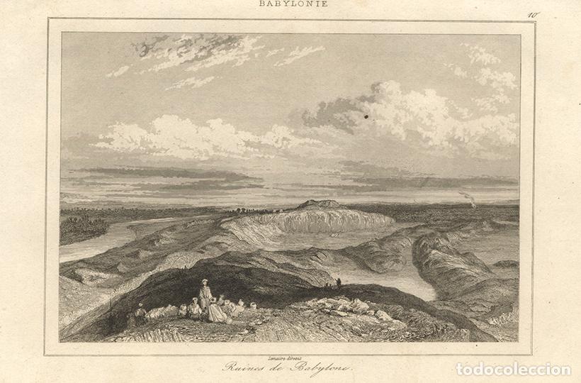 Arte: GRABADO AL ACERO DE 1852, VISTA GENERAL DE LOS MONT&Iacute;CULOS DE BABILONIA, MESOPOTAMIA, DE LEMA&Icirc;TRE