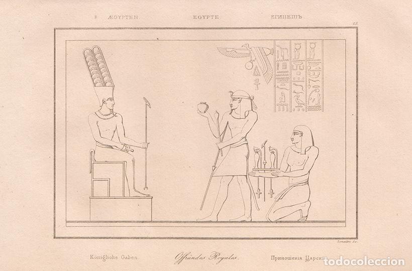 Arte: GRABADO AL ACERO DE 1839, OFRENDAS REALES, FARA&Oacute;N EN SU TRONO, ANTIGUO EGIPTO, DE LEMA&Icirc;TRE
