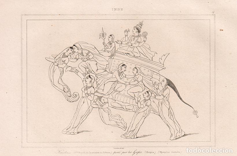 Arte: GRABADO AL ACERO DE 1845, KRISHNA, ENCARNACI&Oacute;N DE VISNU, LLEVADO POR LAS GOPIS, INDIA, DE LEMA&Icirc;TRE