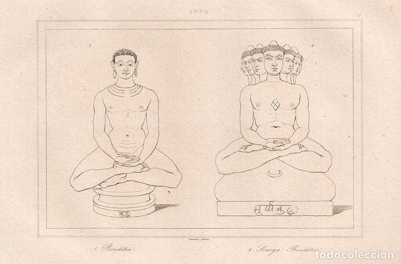 Arte: GRABADO AL ACERO DE 1845, REPRESENTACI&Oacute;N DE BUDA Y SURYA-BUDA, LA INDIA, DE LEMA&Icirc;TRE