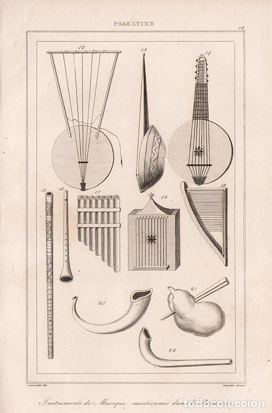 Arte: GRABADO AL ACERO DE 1845, CAT&Aacute;LOGO DE INSTRUMENTOS MUSICALES MENCIONADOS EN LOS SALMOS (2), LEMA&Icirc;TRE