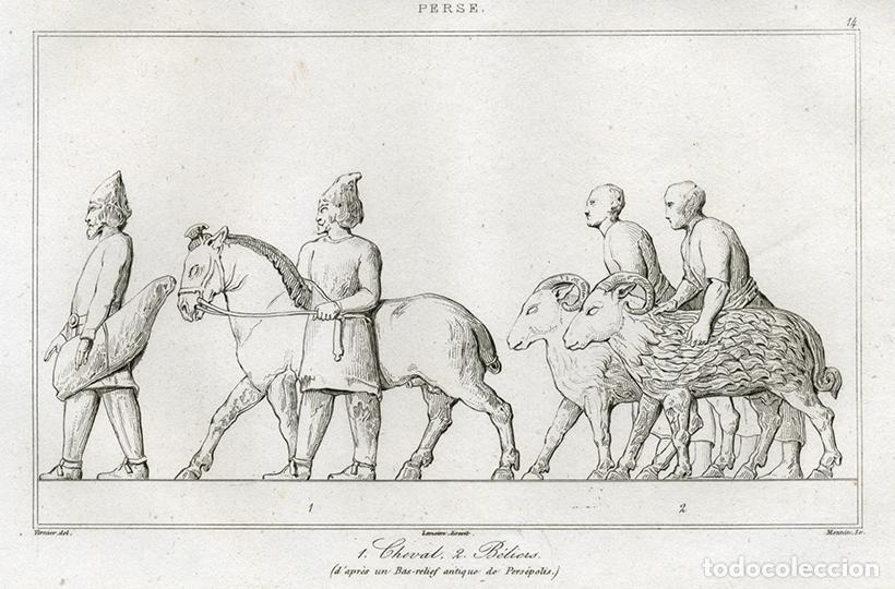 Arte: GRABADO AL ACERO 1841, CABALLO Y CARNEROS EN RELIEVES DE PERS&Eacute;POLIS, ANTIGUA PERSIA, IR&Aacute;N, LEMA&Icirc;TRE