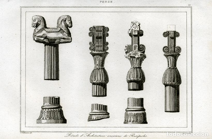 Arte: GRABADO AL ACERO DE 1841, DETALLES ARQUITECTURA DE PERS&Eacute;POLIS, ANTIGUA PERSIA, IR&Aacute;N, DE LEMA&Icirc;TRE