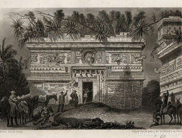 Arte: GRABADO AL ACERO DE 1858, VISTA DE CHICH&Eacute;N ITZ&Aacute;, FACHADA TEMPLO DE LAS MONJAS, M&Eacute;XICO, MAYA. AUBER