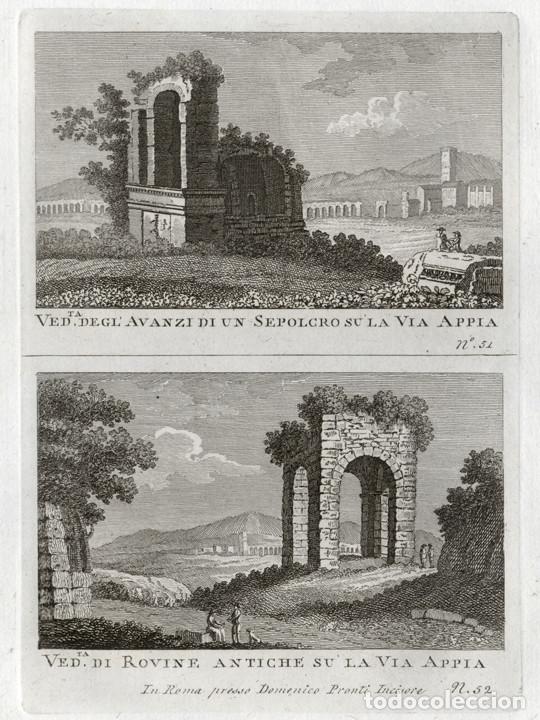 Arte: GRABADO A BURIL DE 1795, DOS VISTAS DE ROMA, DOMENICO PRONTI. RUINAS JUNTO A LA VIA APPIA, SEPULCRO