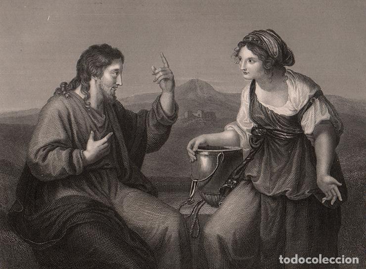 Arte: GRABADO AL ACERO DE 1849, JES&Uacute;S Y LA SAMARITANA EN EL POZO, ANGELICA KAUFMANN. MERKEL. A. H. PAYNE
