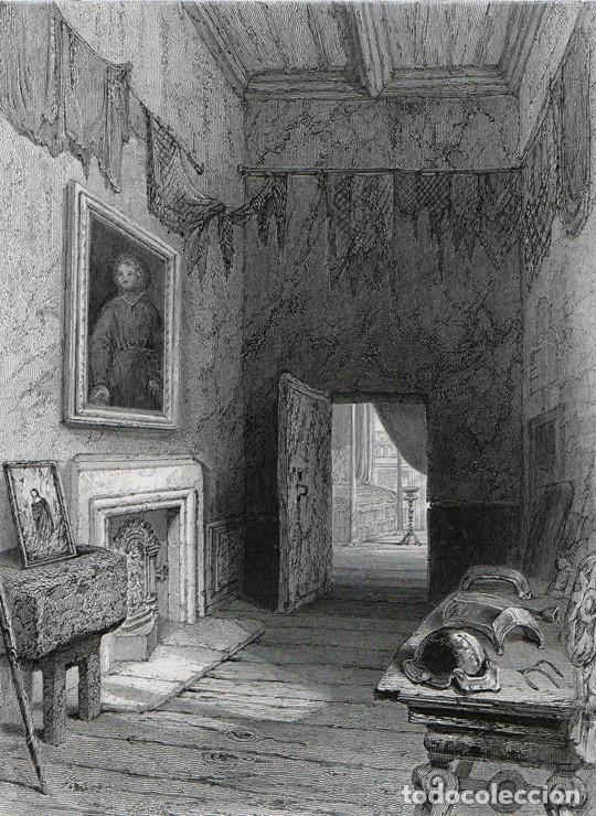 Arte: GRABADO AL ACERO DE 1873, INTERIOR DEL PALACIO DE HOLYROODHOUSE, VESTIDOR DE MAR&Iacute;A ESTUARDO, ESCOCIA