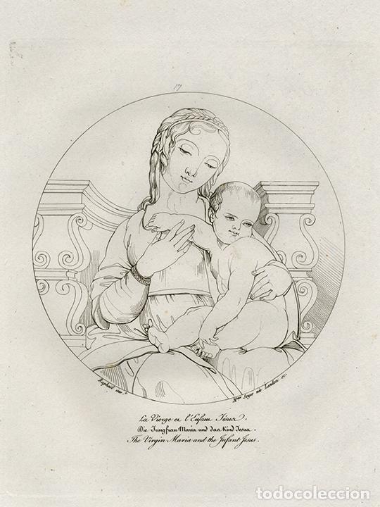 Arte: GRABADO L&Iacute;NEA COBRE DE 1819, VIRGEN CON NI&Ntilde;O JES&Uacute;S, DE RAFAEL SANZIO, GRAV&Oacute; MADAME SOYER, R. BOWYER