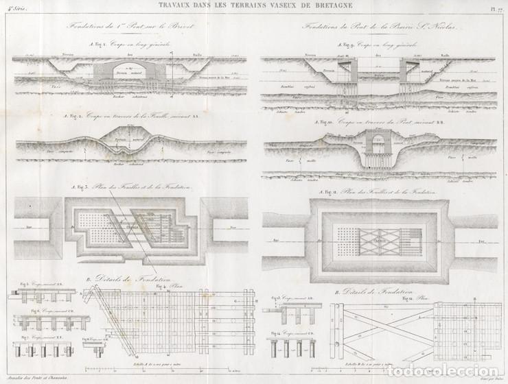 Arte: GRABADO INGENIER&Iacute;A CIVIL 1864, TRABAJOS DE RELLENO EN LAS TIERRAS FANGOSAS DE BRETA&Ntilde;A, FERROCARRIL