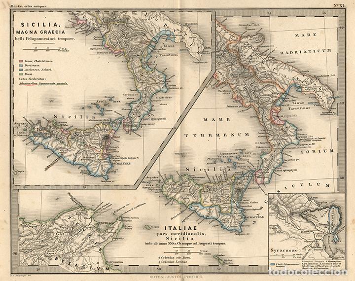 Arte: MAPA DEL SUR DE ITALIA GRIEGO Y ROMANO, DE 1866, DE THEODOR MENKE, GRABADO COBRE, COLOREADO A MANO