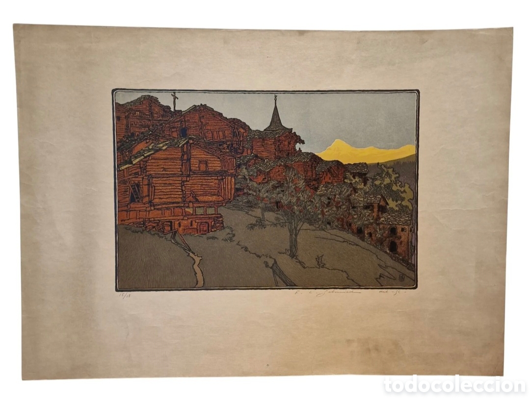 Arte: Fran&ccedil;ois- Louis Schmied ( 1873 - 1941 ) suizo - Paisaje suizo con caba&ntilde;as - 1920 grabado en madera