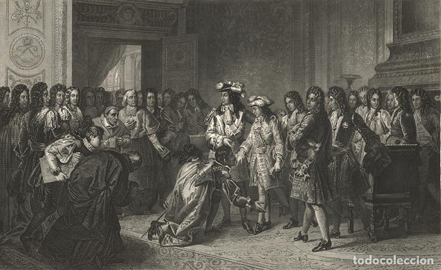 Arte: GRABADO AL ACERO 1868, FRAN&Ccedil;OIS G&Eacute;RARD, PROCLAMACI&Oacute;N DEL DUQUE DE ANJOU COMO FELIPE V DE ESPA&Ntilde;A 1700