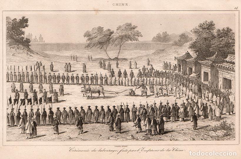 Arte: GRABADO AL ACERO DE 1853, RITUAL AGR&Iacute;COLA DEL EMPERADOR QING, PEK&Iacute;N, ANTIGUA CHINA, DE LEMA&Icirc;TRE