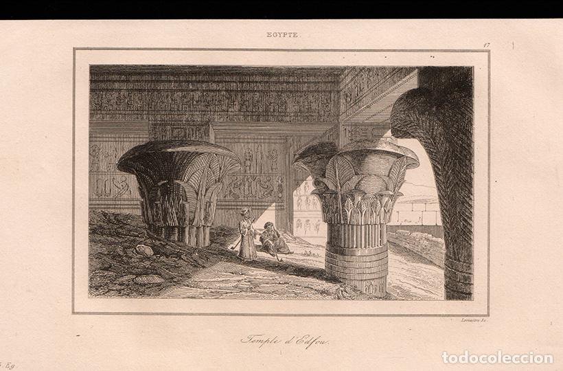 Arte: GRABADO AL ACERO DE 1839, VISTA DEL INTERIOR DEL TEMPLO DE HORUS EN EDFU, ANTIGUO EGIPTO, LEMA&Icirc;TRE
