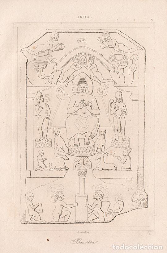 Arte: GRABADO AL ACERO DE 1845, BAJORRELIEVE DE BUDA COMO REY DEL DHARMA, LA INDIA, DE LEMA&Icirc;TRE