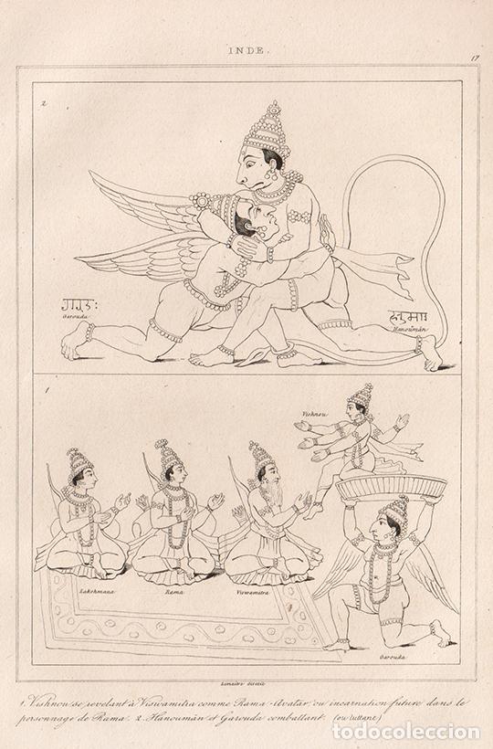 Arte: GRABADO AL ACERO DE 1845, HANUMAN LUCHANDO CON GARUDA & VISNU REVEL&Aacute;NDOSE COMO RAMA, INDIA, LEMA&Icirc;TRE