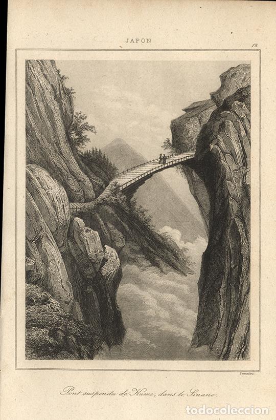 Arte: GRABADO AL ACERO DE 1850, PUENTE COLGANTE SOBRE EL SHINANO, NAGANO, PERIODO EDO, JAP&Oacute;N, DE LEMA&Icirc;TRE