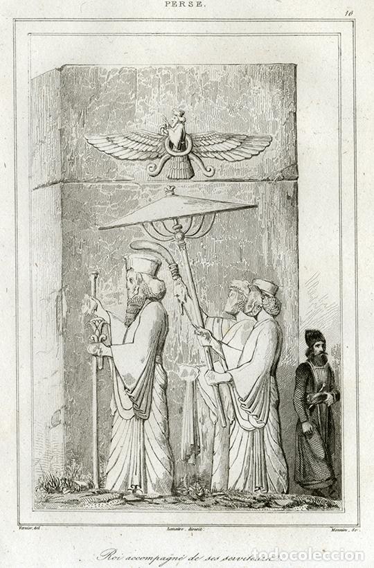 Arte: GRABADO AL ACERO 1841, DAR&Iacute;O I ACOMPA&Ntilde;ADO DE SIRVIENTES, PERS&Eacute;POLIS, ANTIGUA PERSIA, IR&Aacute;N, LEMA&Icirc;TRE