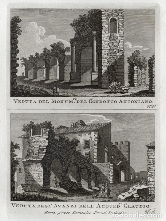 Arte: GRABADO A BURIL 1795, 2 VISTAS DE ROMA, DOMENICO PRONTI. ACUEDUCTO DE LAS TERMAS ANTONINAS Y CLAUDIO