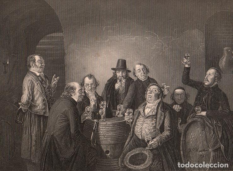 Arte: GRABADO AL ACERO DE 1849, LOS CATADORES DE VINO, DE JOHANN PETER HASENCLEVER. GRAB&Oacute; A. H. PAYNE