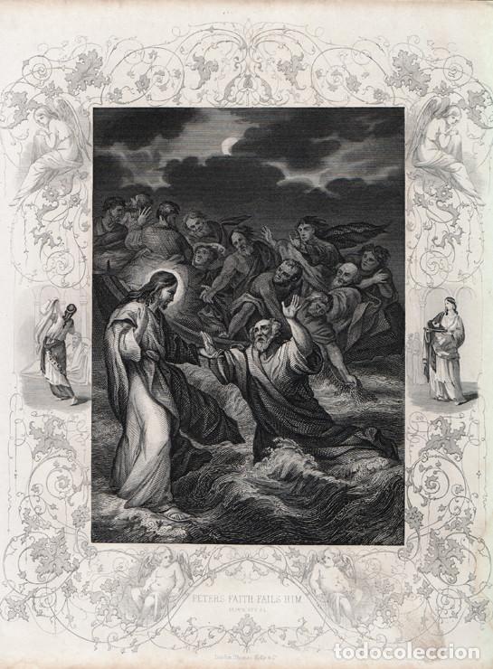 Arte: GRABADO AL ACERO DE 1864, JESUCRISTO ANDA SOBRE LAS AGUAS, FALTA DE FE DE PEDRO. THOMAS KELLY & CO.