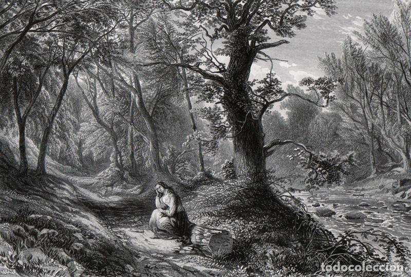 Arte: GRABADO AL ACERO DE 1873, UN ARROYO ESCOC&Eacute;S (A SCOTTISH BURN), PINTURA DE SAM BOUGH, BALADA