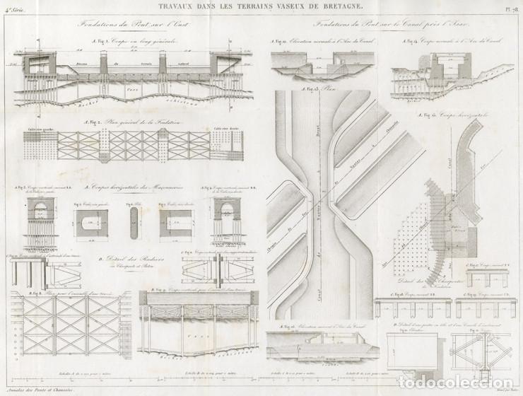 Arte: GRABADO INGENIER&Iacute;A CIVIL DE 1864, CIMENTACI&Oacute;N DE PUENTES FERROVIARIOS EN TIERRAS FANGOSAS DE BRETA&Ntilde;A