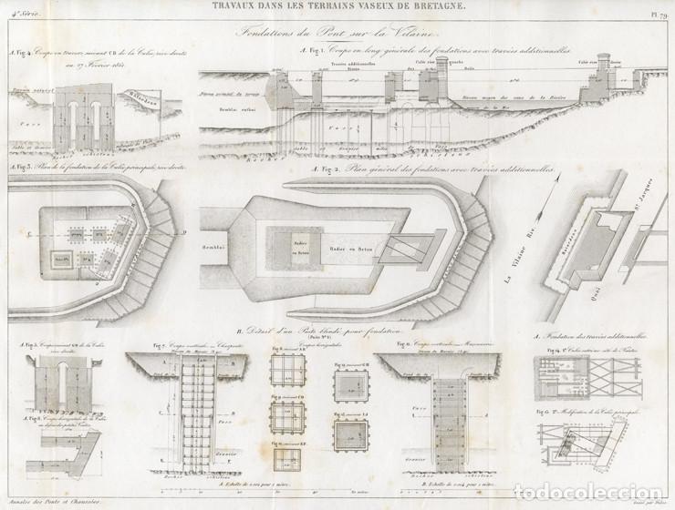 Arte: GRABADO INGENIER&Iacute;A CIVIL DE 1864, CIMENTACI&Oacute;N DE PUENTES FERROVIARIOS EN TIERRAS FANGOSAS DE BRETA&Ntilde;A