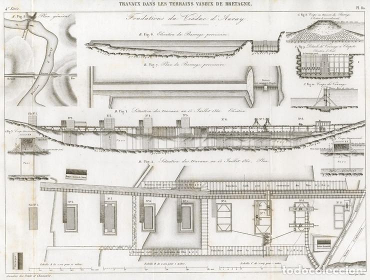 Arte: GRABADO INGENIER&Iacute;A CIVIL DE 1864, TRABAJOS DE CIMENTACI&Oacute;N DEL VIADUCTO FERROVIARIO D'AURAY, PUENTE