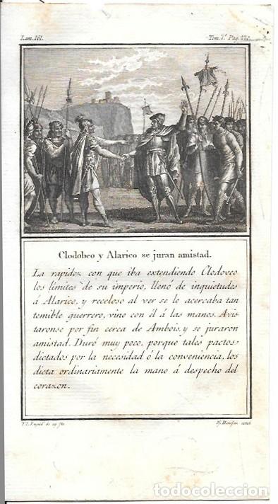 Arte: GRABADO. CLODOBEO Y ALARICO SE JURAN AMISTAD - L-P. ARQUETIL LAMINA 1161 TOMO 7 1802- G-HISTORIA-077