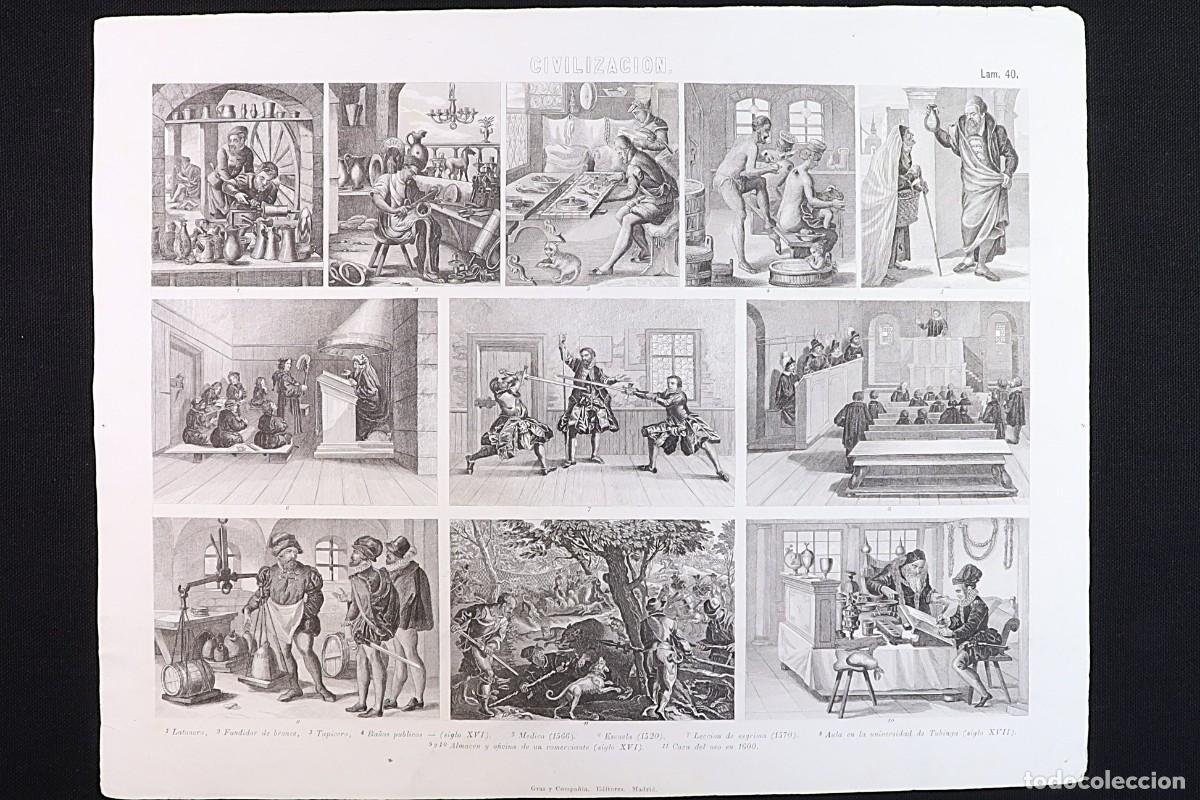 Arte: Grabado Civilizaci&oacute;n 40. Latonero, Ba&ntilde;os p&uacute;blicos XVI. Caza del oso. Brasssmith, Bear hunt.
