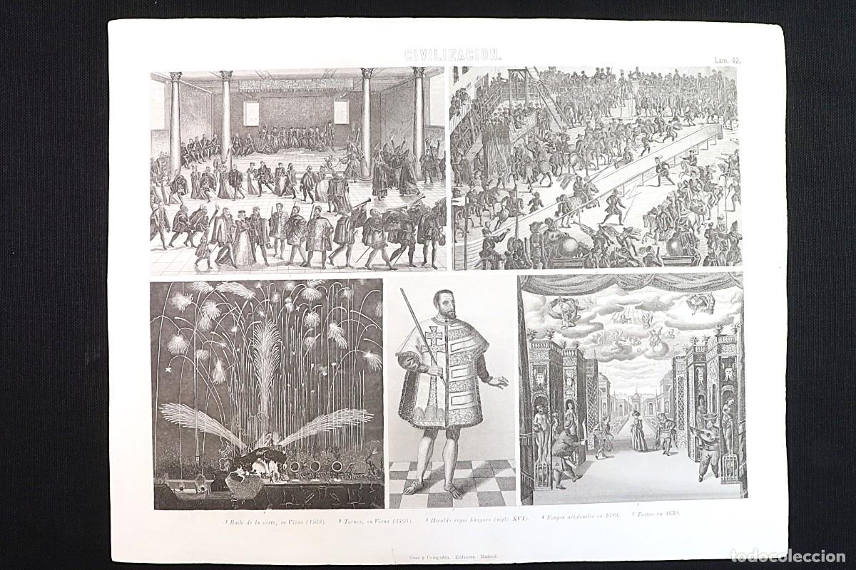 Arte: Grabado Civilizaci&oacute;n 42. Baile corte Viena 1560. Teatro. Vienna court dance 1560. Theatre.