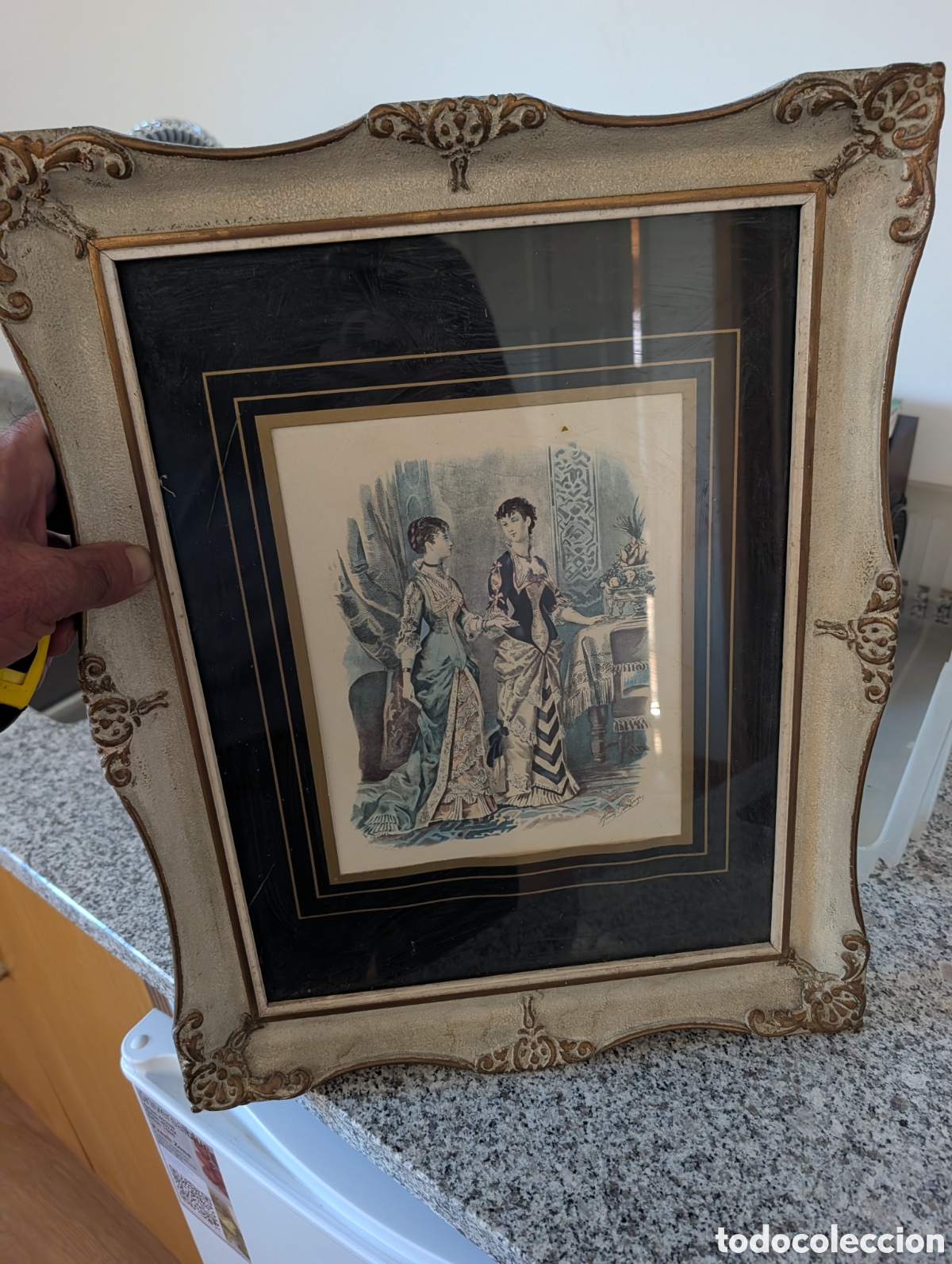 Arte: Antiguo grabado figurin de moda frances siglo XIX iluminado gran marco estilo Luis XV