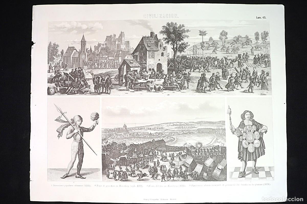 Arte: Grabado Civilizaci&oacute;n 43. Fiesta del tiro en Nuremberg 1614. Shooting Festival in Nuremberg 1614.
