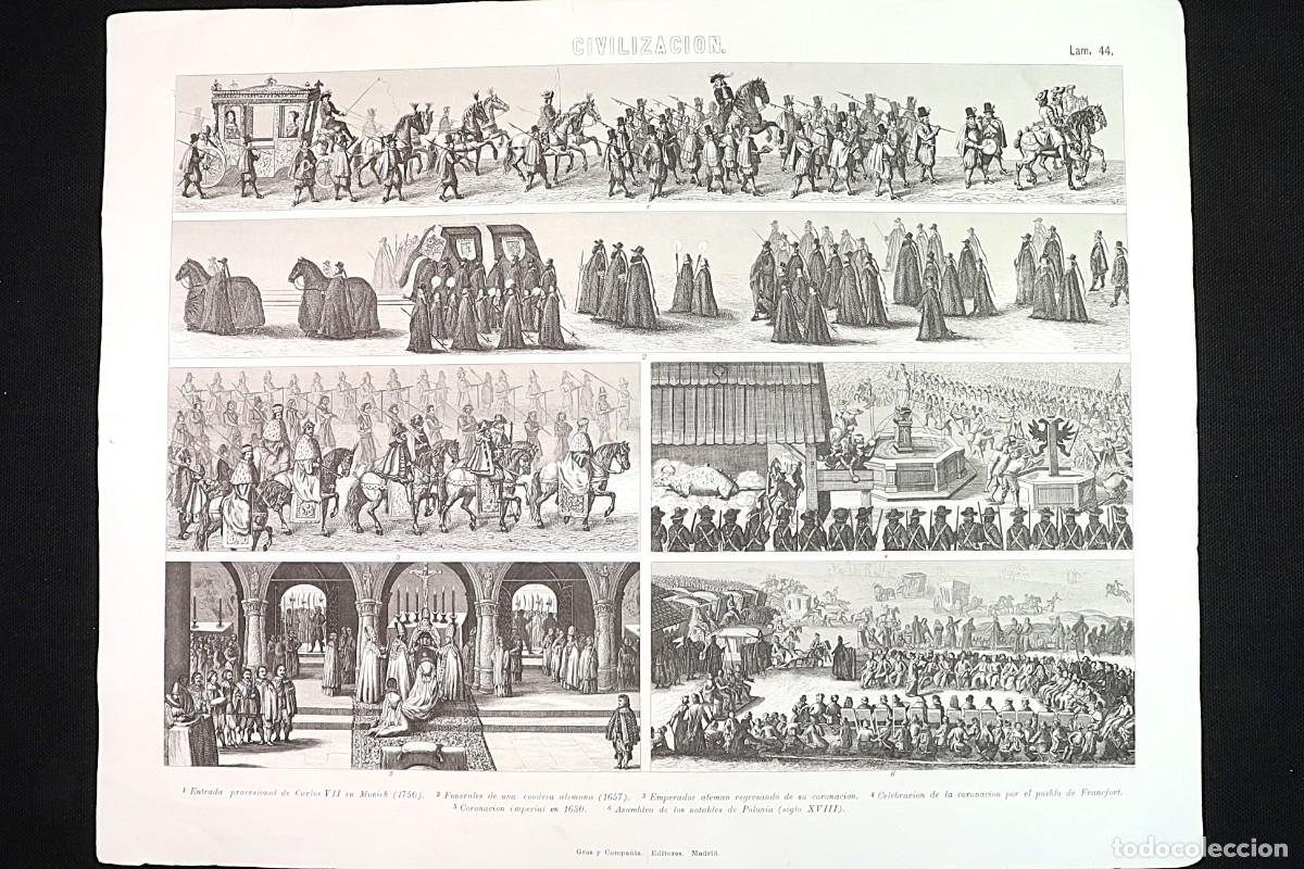 Arte: Grabado Civilizaci&oacute;n 44. Procesiones, coronaciones, funerales en Alemania. Processions, coronations.