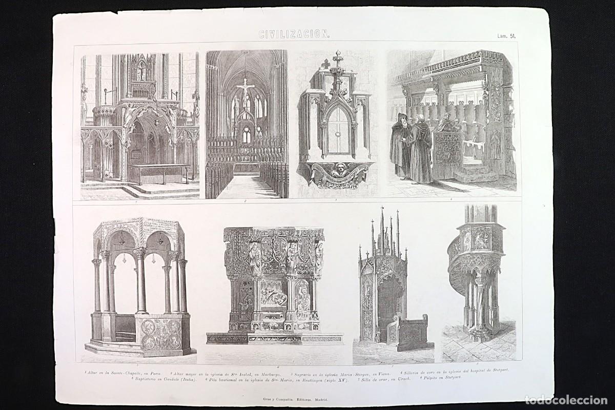 Arte: Grabado Civilizaci&oacute;n 51. P&uacute;lpito en Stutgart. Sainte-Chapelle. Engraving. Pulpit in Stutgart.