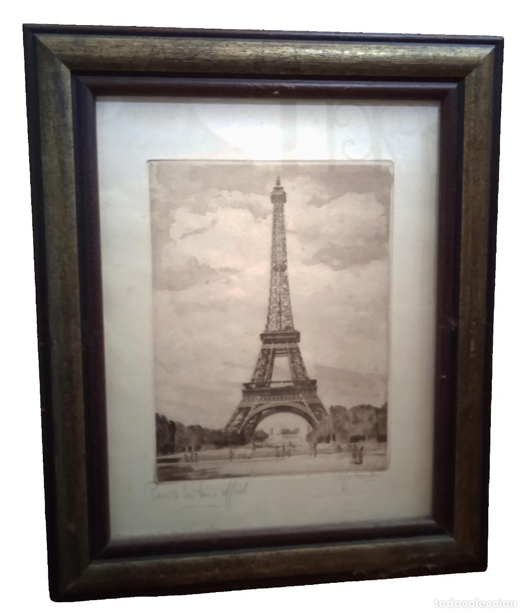 Arte: Marcel Julien Baron (1872-1956): Par de grabados de Par&iacute;s (Tour Eiffel y Notre Dame de Par&iacute;s)