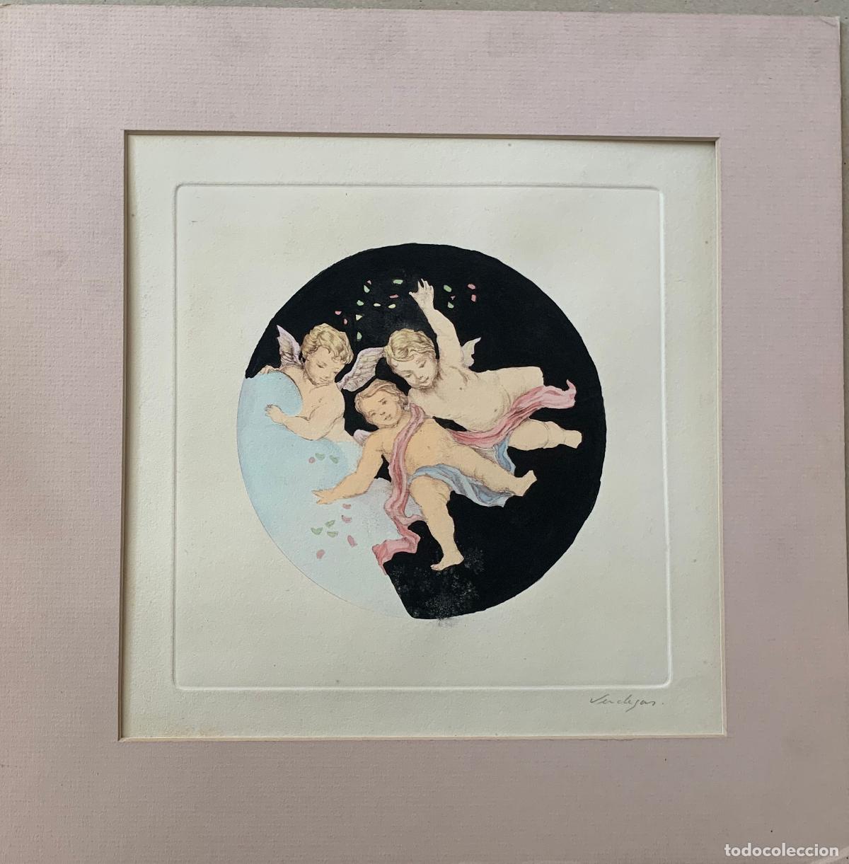Arte: Tres angelotes esparciendo p&eacute;talos - aguafuerte coloreado de Verdaguer - s. XX