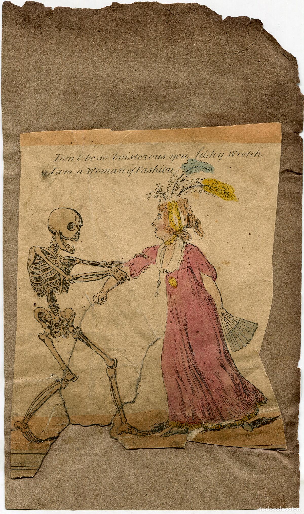 Arte: Danza de la muerte, dama a la moda - aguafuerte coloreado Cruikshank - 1808